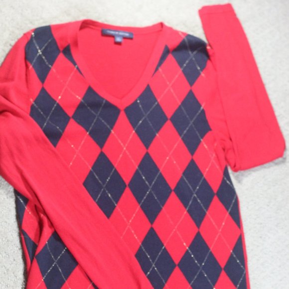 Vintage Tommy Hilfiger Size L Red & Navy Argyle Patterned V-Neck Sweater EUC - Picture 1 of 4